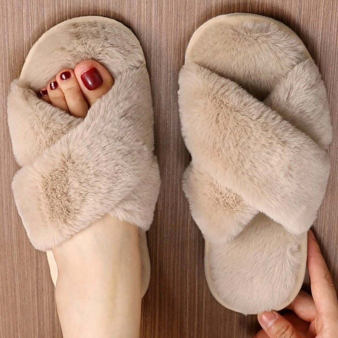 Cross Over Fur Slippers - Beige (Pre Order)